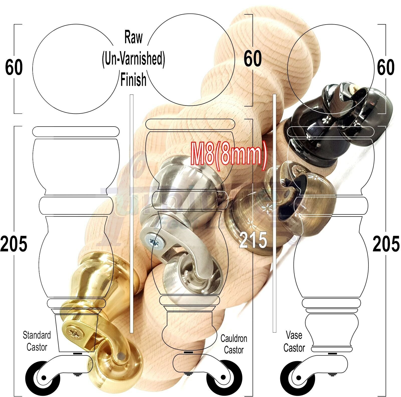 4x Furniture Feet With Castor 205mm High Legs Raw Wood M8 Sofas Chairs Stools Cabinets 8 Inches Tall