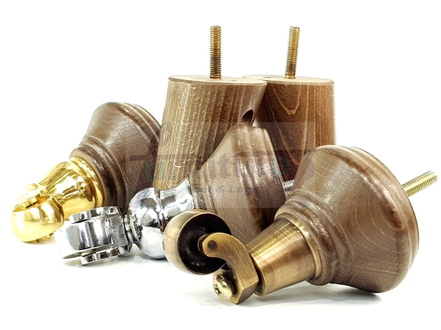 2 Antique Brown Stain Wood Furniture Sofa Legs With Castor 125mm & 2 Angled Back Feet Chair Settee 100mm High M8