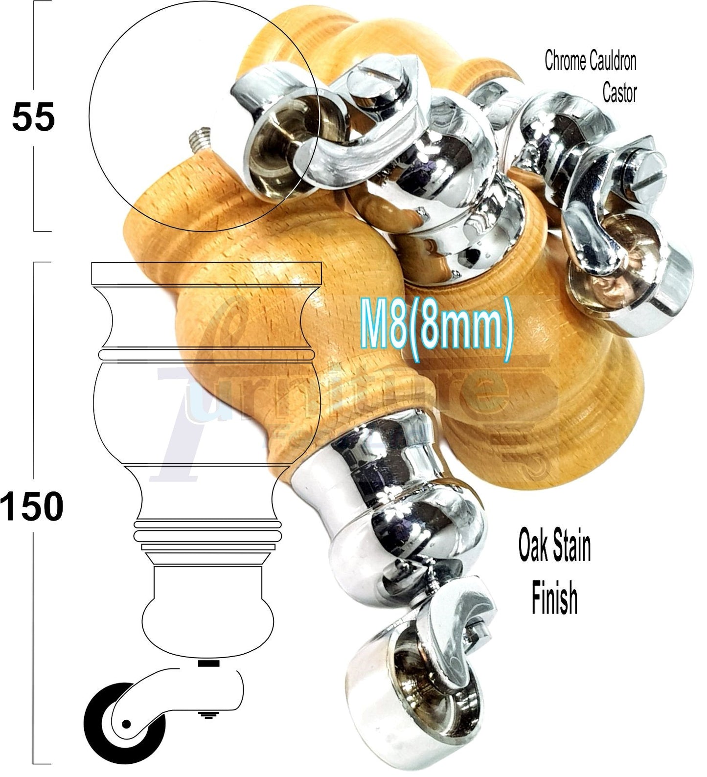Set Of 4 Turned Wood Furniture Legs With 150mm High Castor 8mm Thread For Chairs Settees & Cabinets Oak Stain Finish