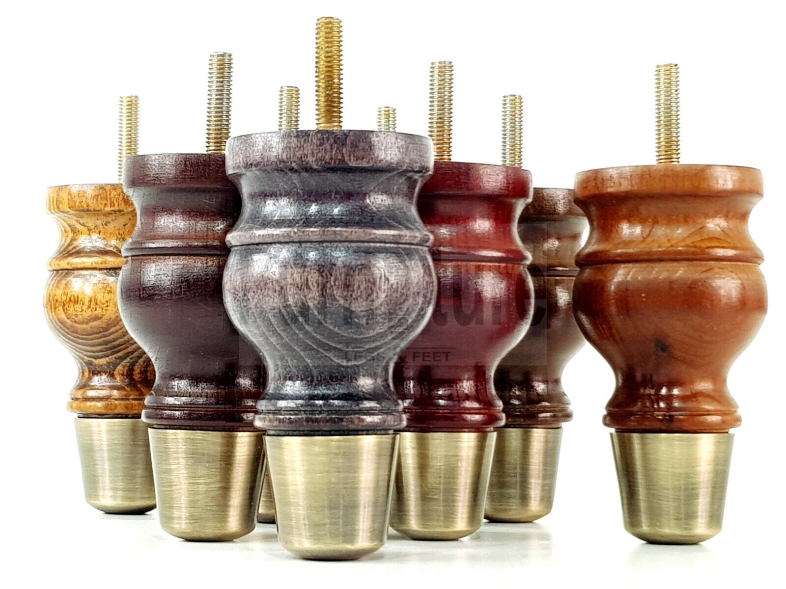 4x Turned Wood Furniture Feet Antique Brass Slipper Cup M8 Chair Sofa Settee Legs 110mm