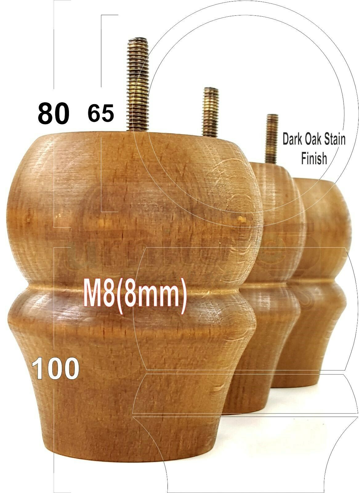 Set Of 4 Solid Wood Turned Furniture Legs Replacement Bun Feet 100mm High 8mm Thread  