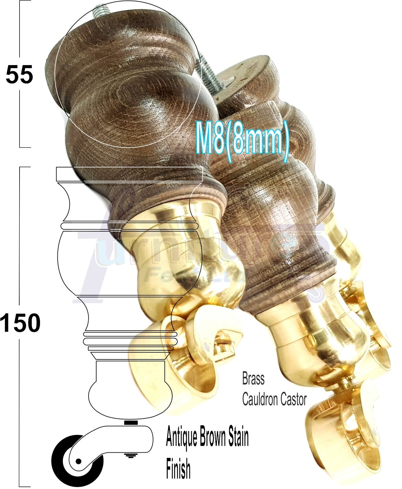 Set Of 4 Turned Wood Furniture Legs With 150mm High Castor 8mm Thread For Chairs Settees & Cabinets Antique Brown Stain