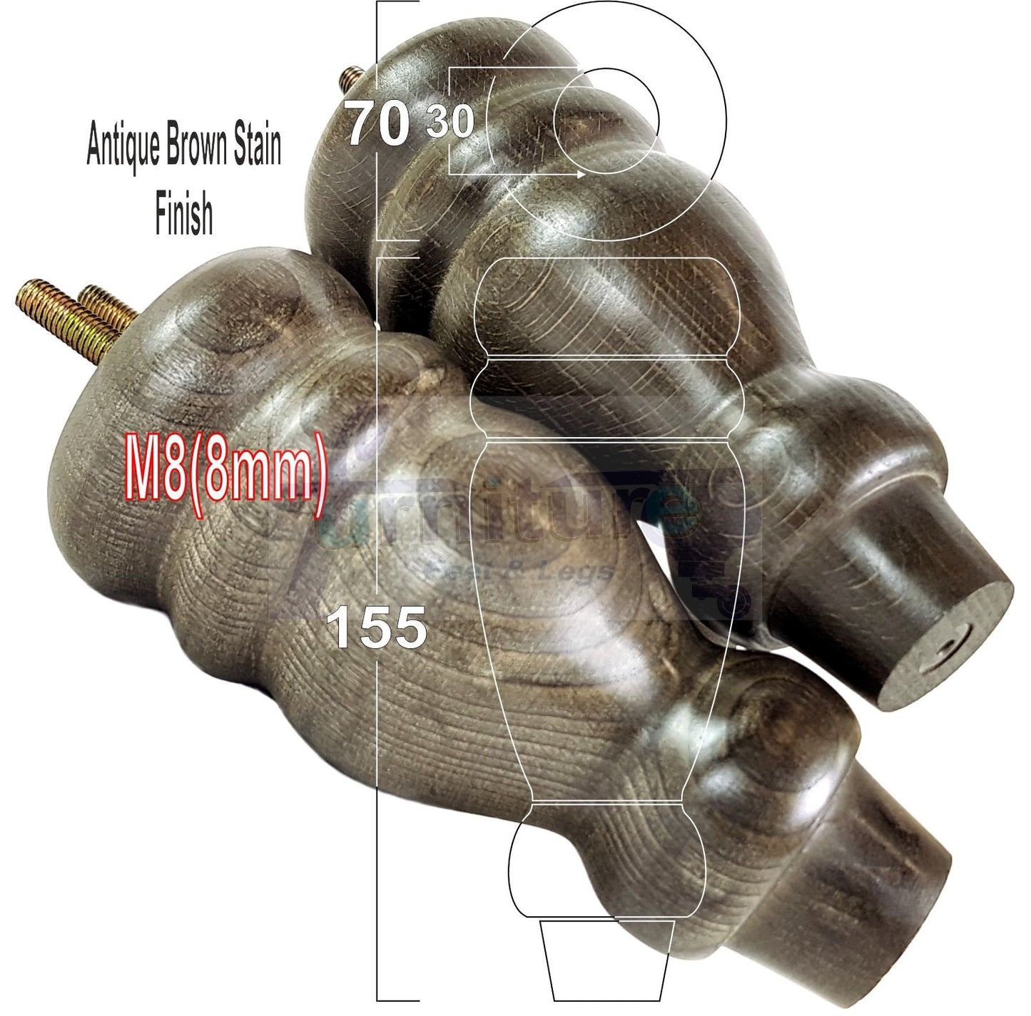 Set Of 4 Turned Wood Furniture Replacement Feet 155mm High 8mm Tread