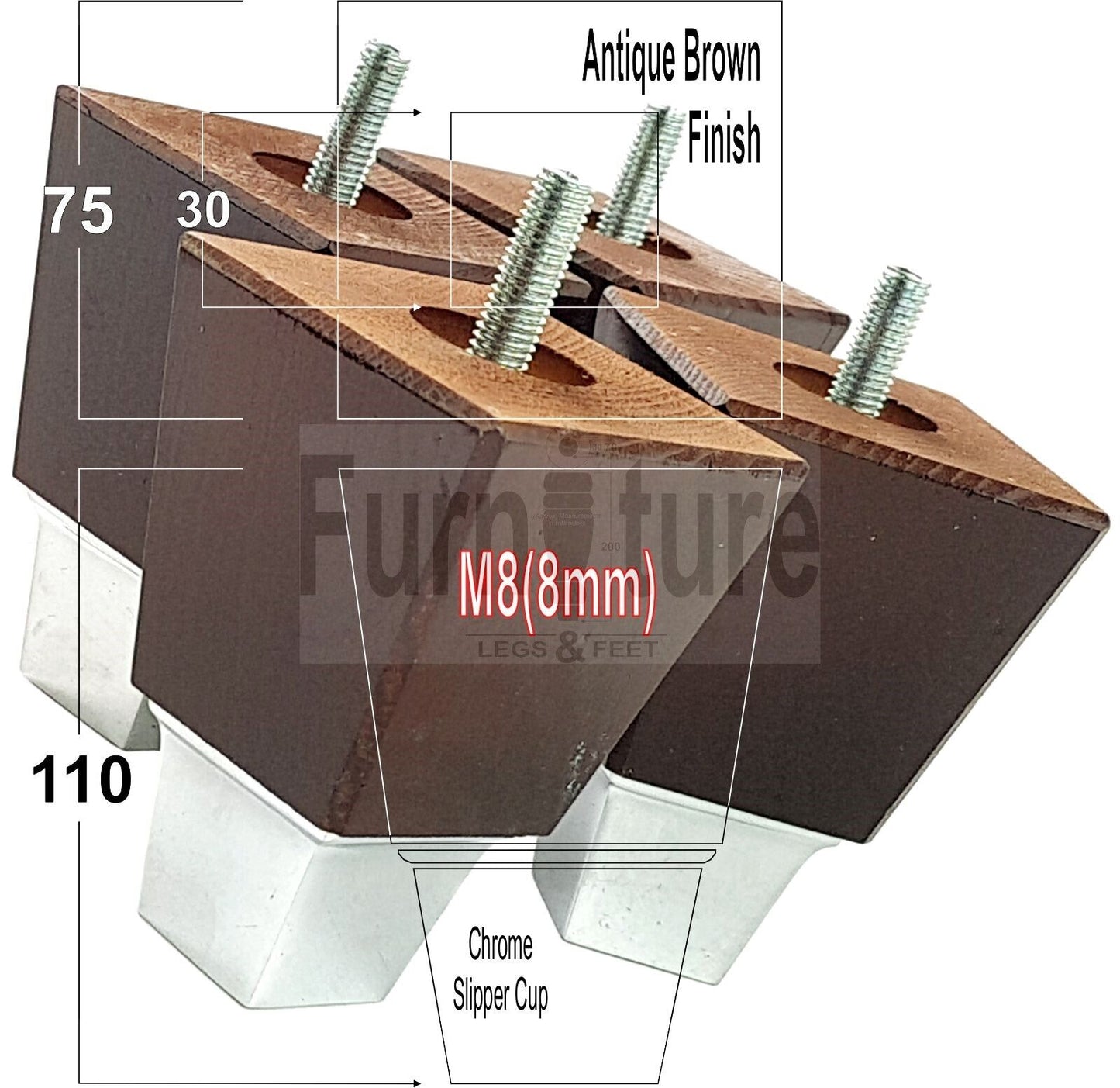 4x Block Wood With A Chrome Slipper Cup Furniture Chair Settee Legs M8 Sofa Feet 110mm