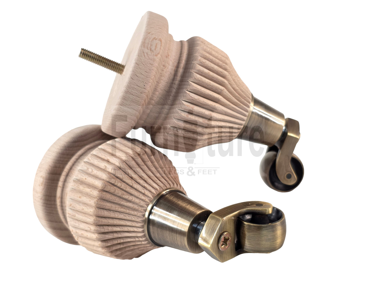 Wood Furniture Legs Replacement Feet 6 Inches with Castors 155mm High M8 Dowl Fixing - Raw Wood