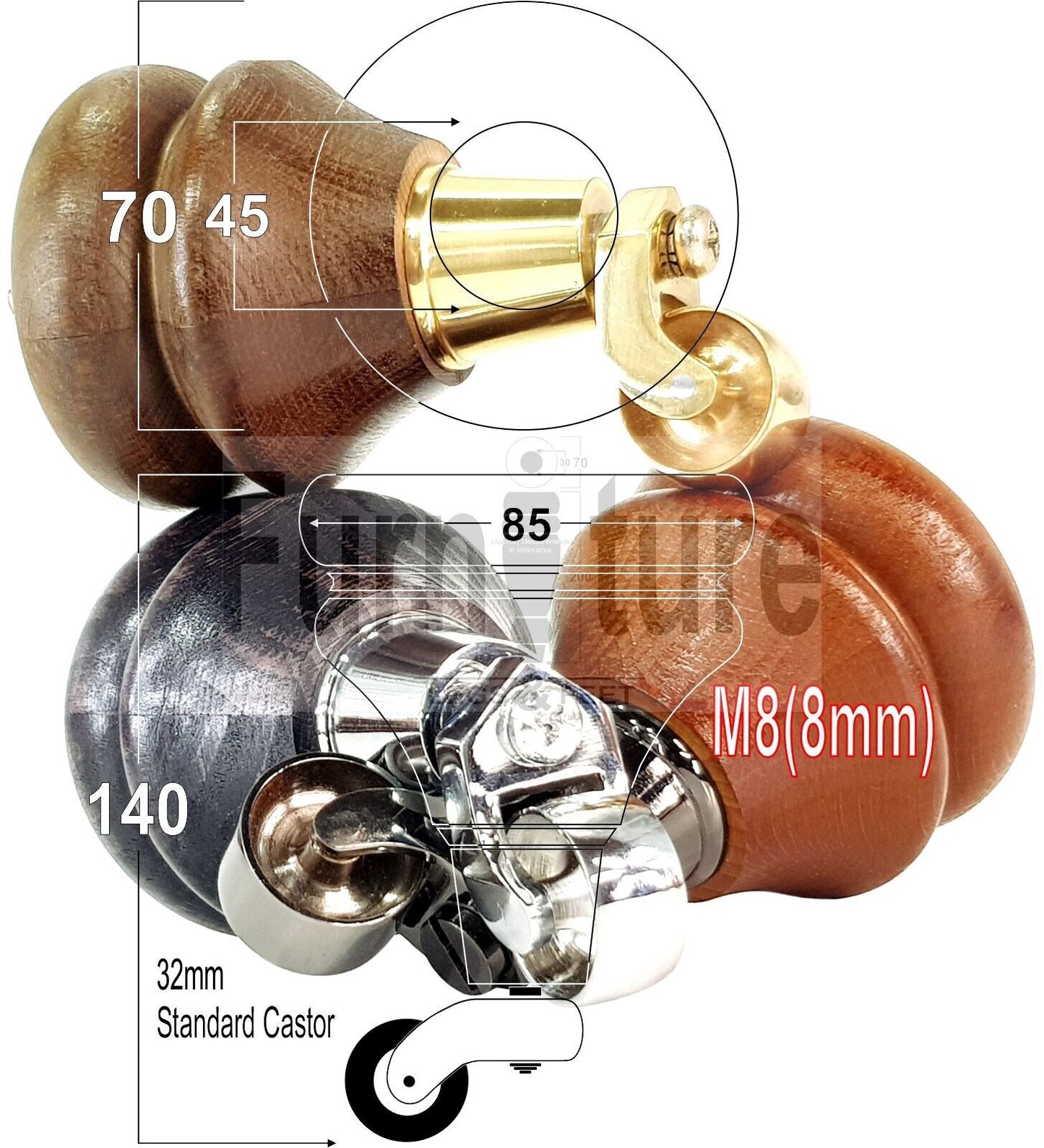 Turned Wood Furniture Feet 2 With Castors 140mm & 2 Curved Back Legs Sofas Chairs Cabinets Beds M8