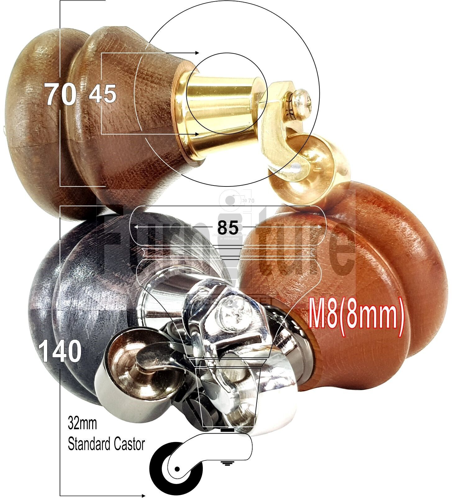 Turned Wood Furniture Feet 2 With Castors 140mm & 2 Curved Back Legs Sofas Chairs Cabinets Beds M8