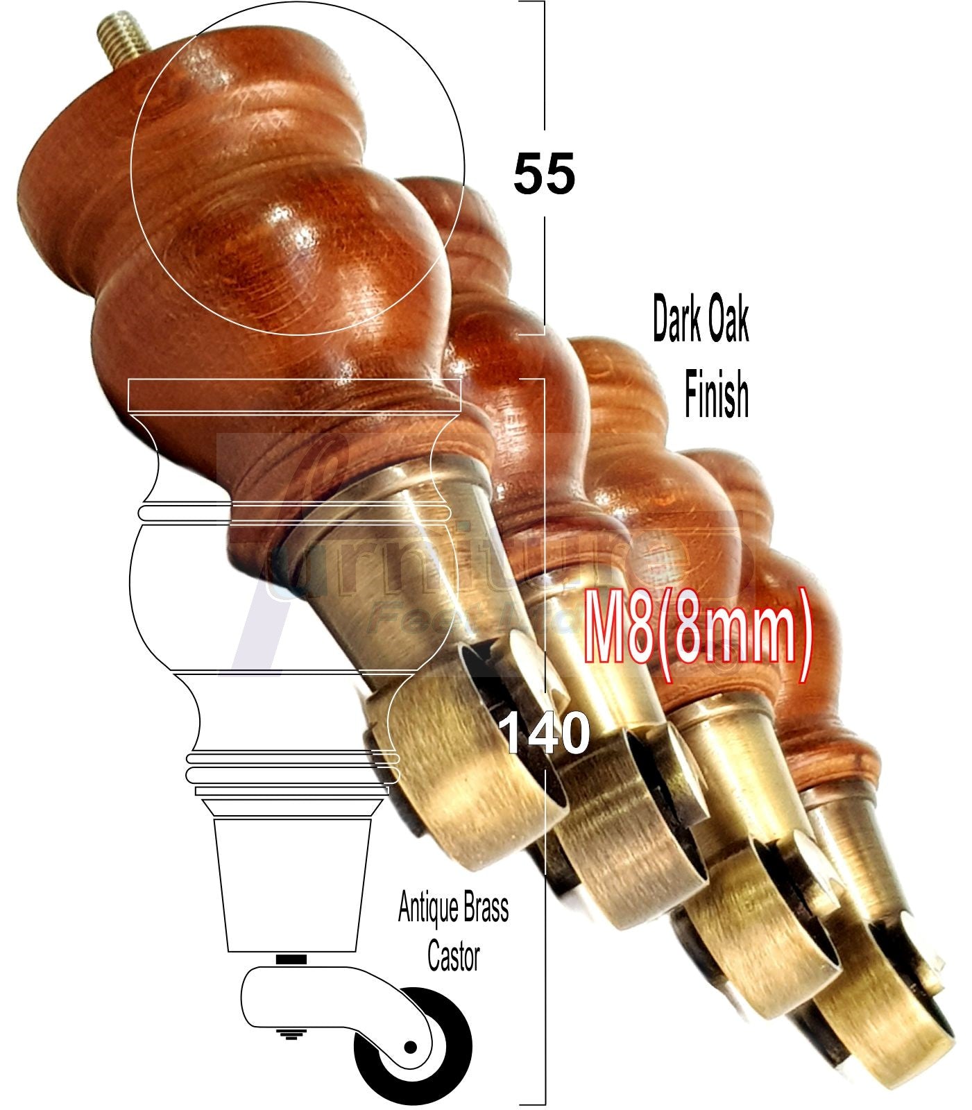 4x Turned Wood Furniture Legs With Antique Castor 150mm High M8 For Settees Chairs & Cabinets