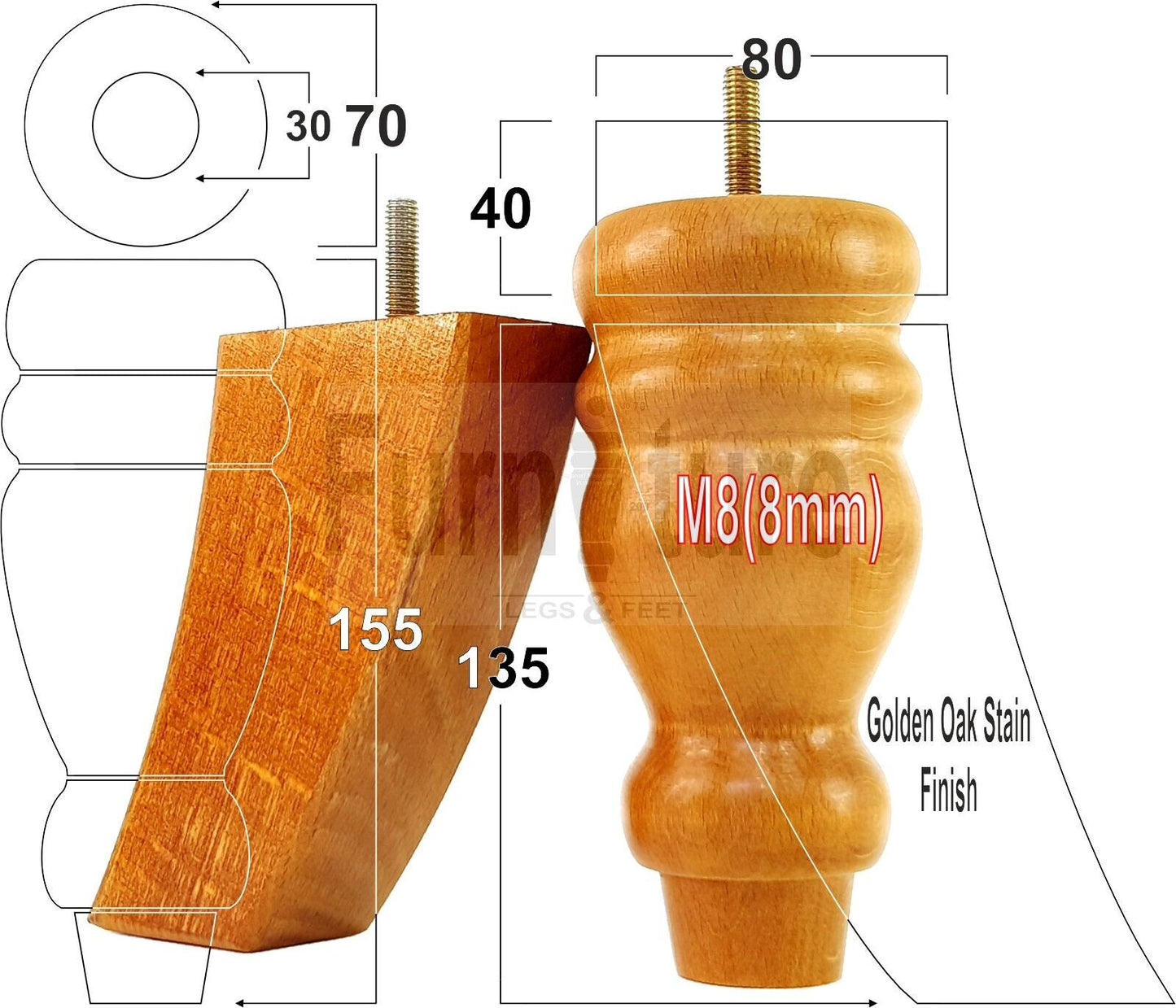 2x Turned Wood Furniture Feet 155mm and 2 Curved Back Legs Sofas Chairs Beds M8 Thread 6 Inches