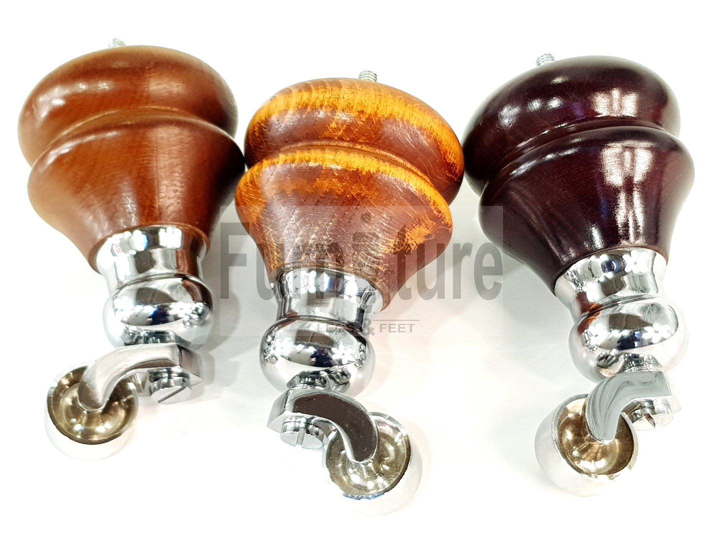 Set Of 4 Turned Furniture Wood Feet With Chrome Castors 150mm Sofas Chairs Settee Cabinets Beds M8(8mm)