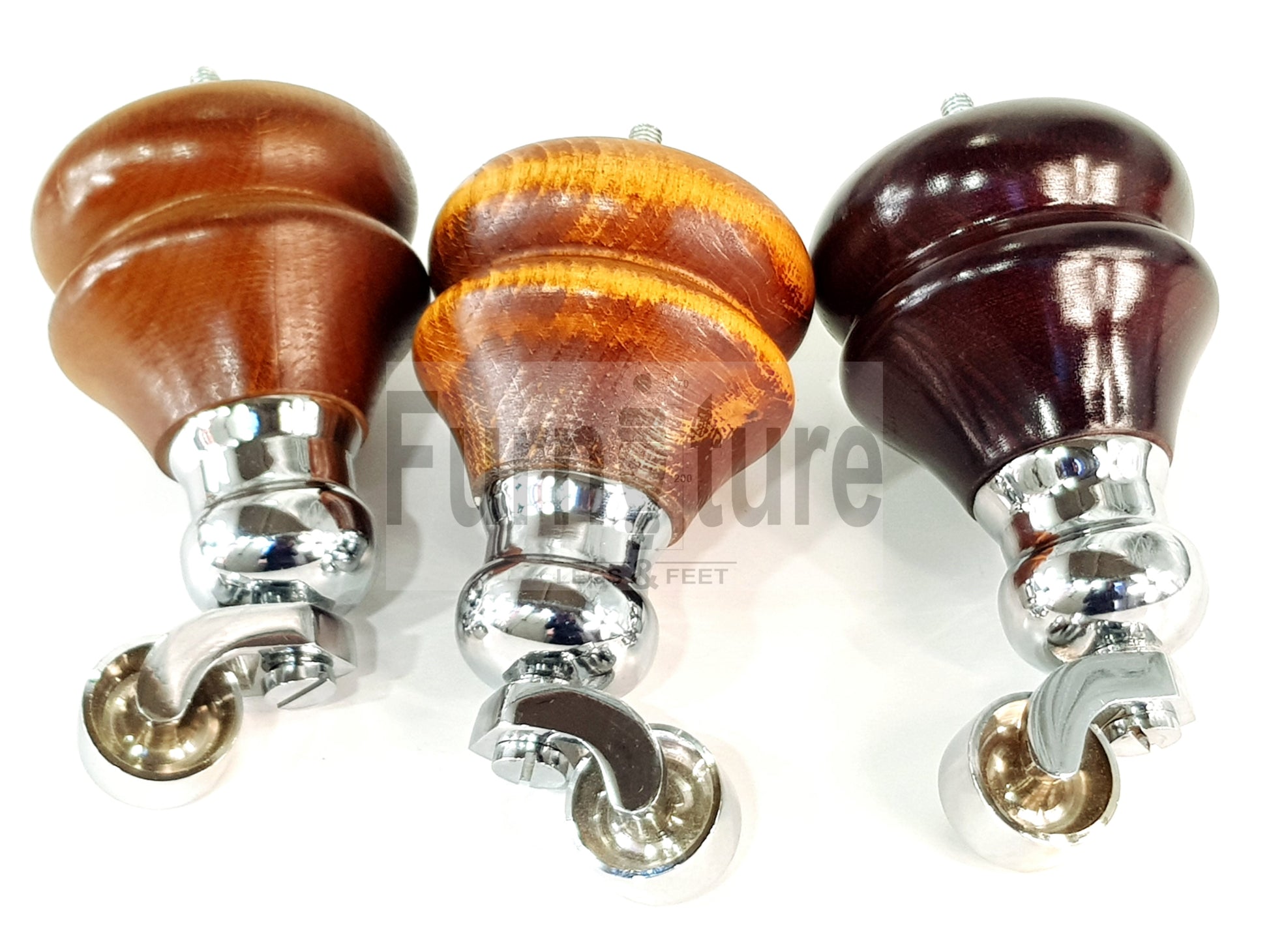 Set Of 4 Turned Furniture Wood Feet With Chrome Castors 150mm Sofas Chairs Settee Cabinets Beds M8(8mm)