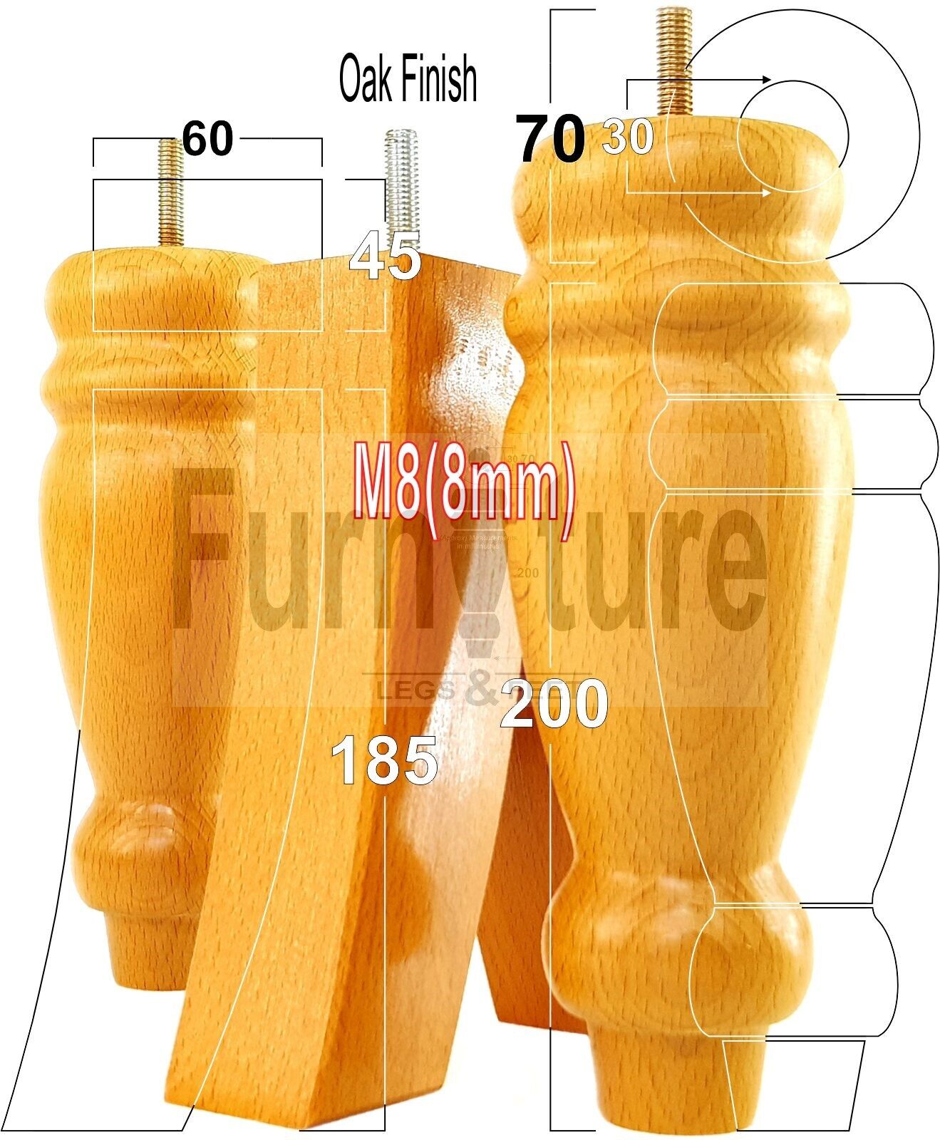 2 Traditional Turned Furniture Feet Replacement Sofa Legs 200mm & 2 Curved Back Legs 185mm for Chairs Stools Sofa Beds Settee Cabinets M8