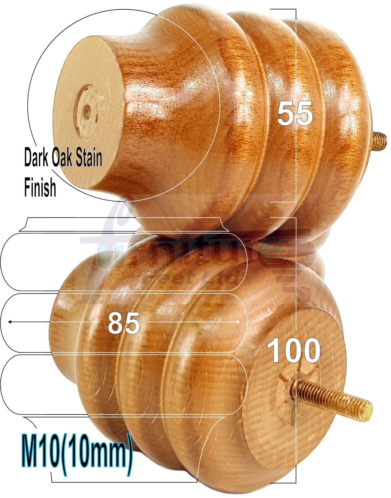 4 Solid Wood Turned Furniture Legs Replacement Bun Feet 100mm High 10mm Thread