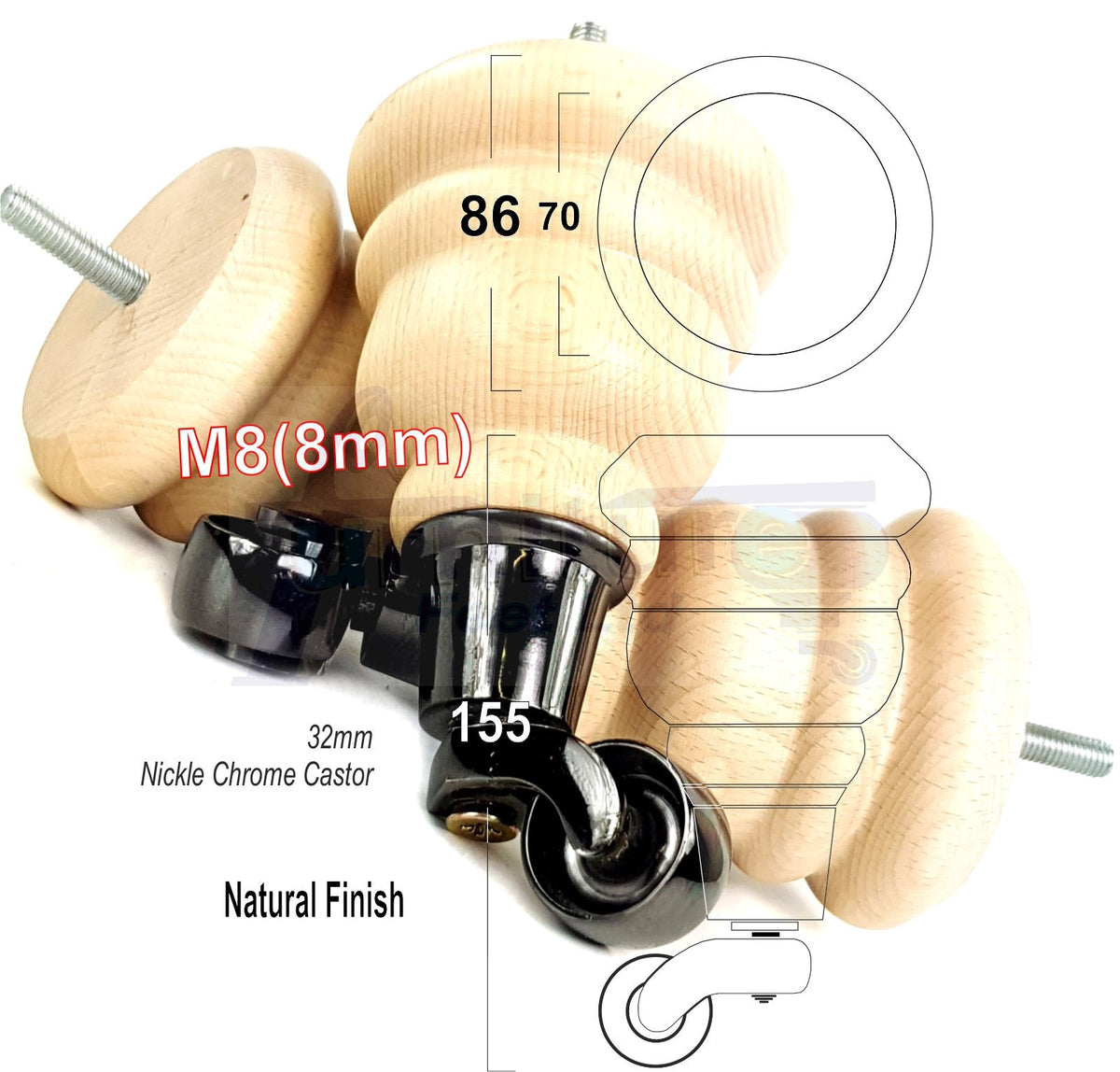 4 Turned Wooden Replacement Furniture Legs with Castors 6 Inch 155mm High Sofa Feet M8 Dowl Fixing - Black Castor