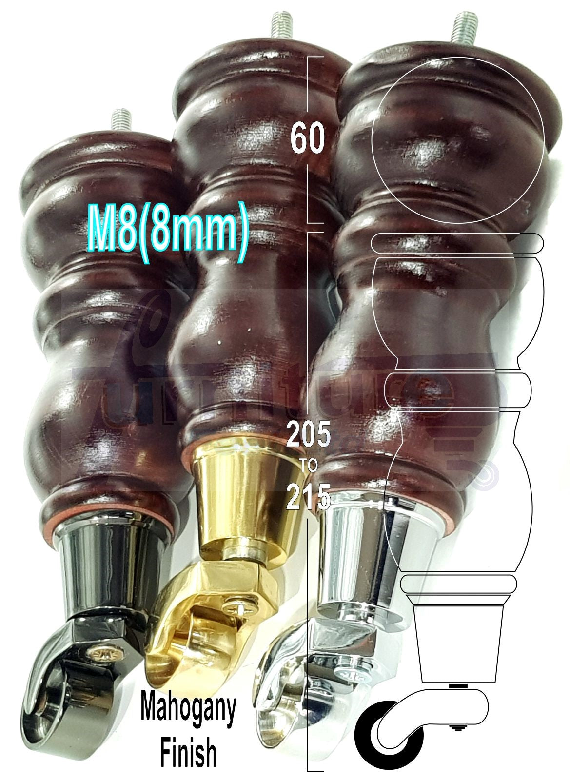 2x Solid Wood Turned Furniture Legs Replacement Castor Feet 205mm High Mahogany Chairs Stools Sofa Settee Cabinets M8