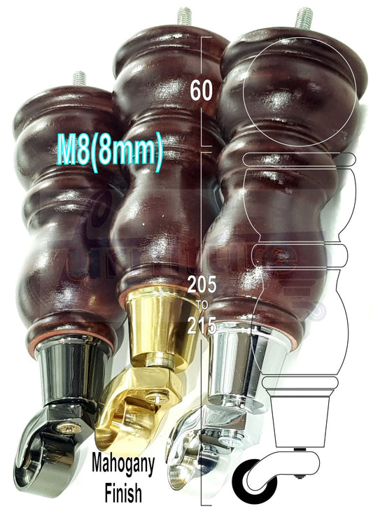 2x Solid Wood Turned Furniture Legs Replacement Castor Feet 205mm High Mahogany Chairs Stools Sofa Settee Cabinets M8