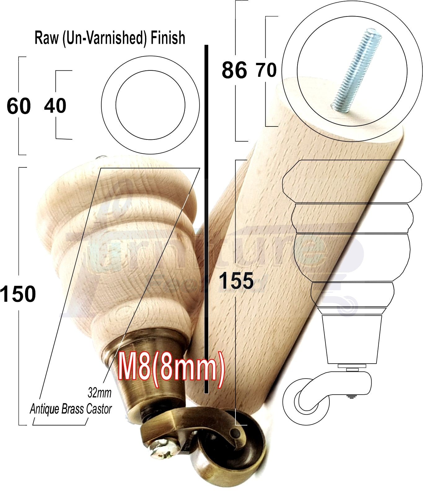 Raw Turned Wood Replacement Furniture Legs 2x with Antique Castors and 2x Angled Back Legs M8 Dowl Fitting 155mm High 6 Inches