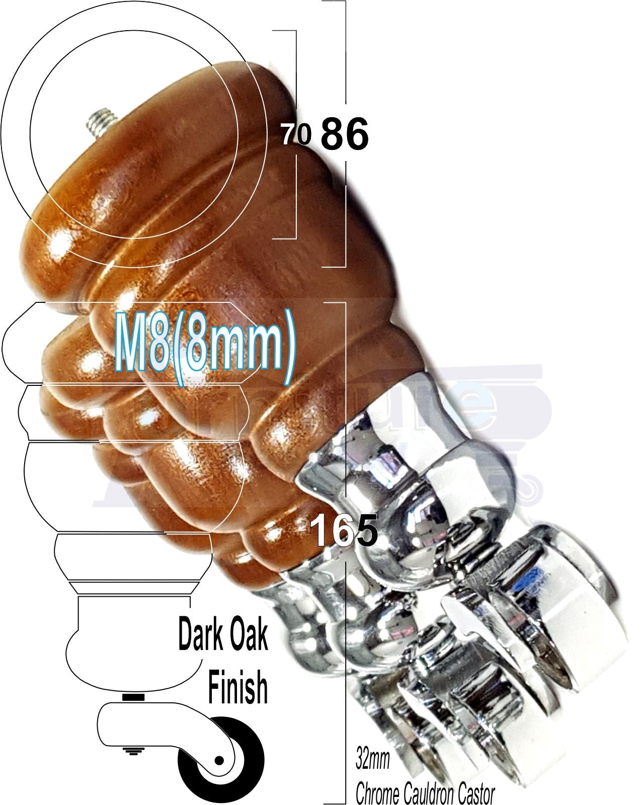 4 Turned Wood Furniture Feet With Chrome Cauldron Castors 155mm Legs Sofas Chairs Stools Cabinets Beds M8 6 Inches