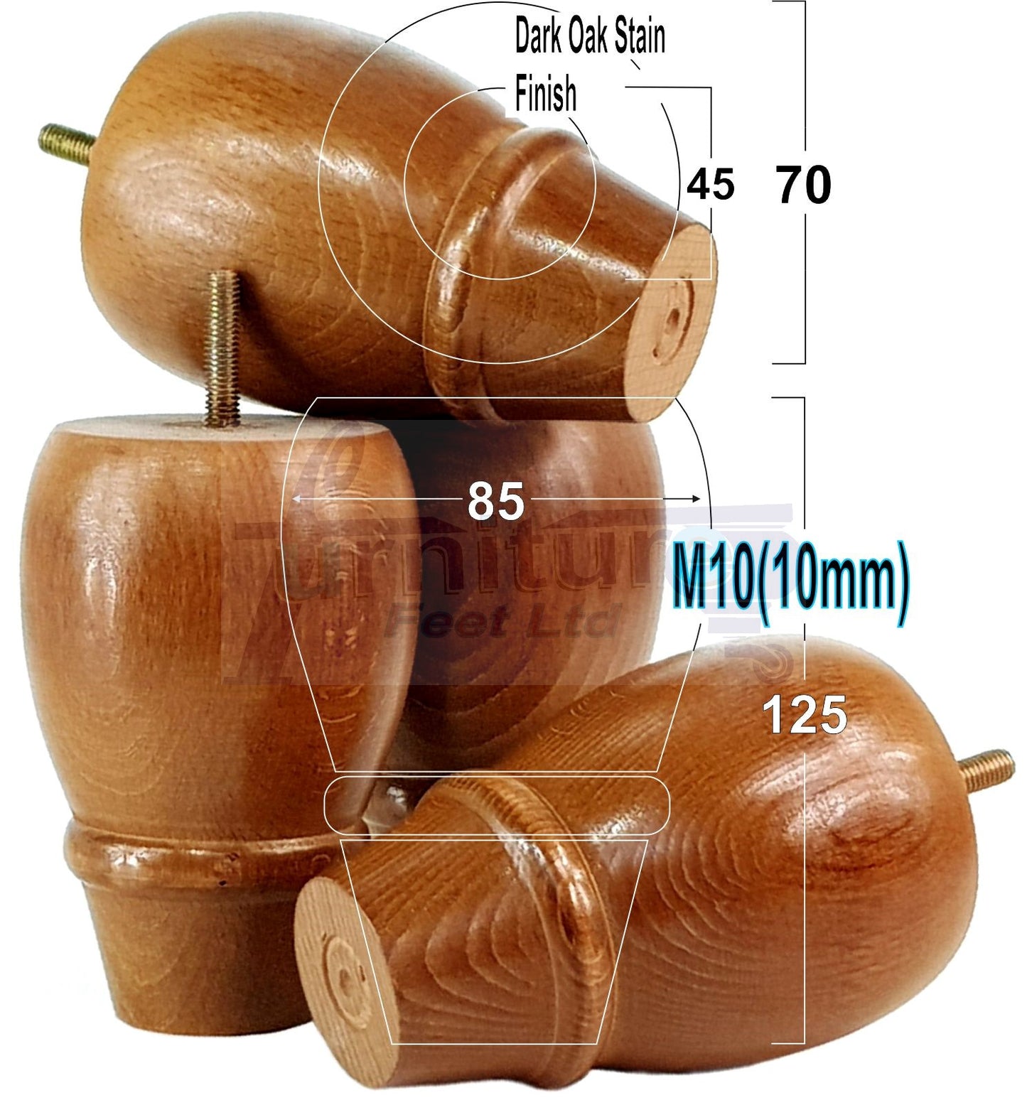 4x Wooden Turned Replacement Furniture Legs 125mm High Settee and Cabinet Feet 10mm Thread