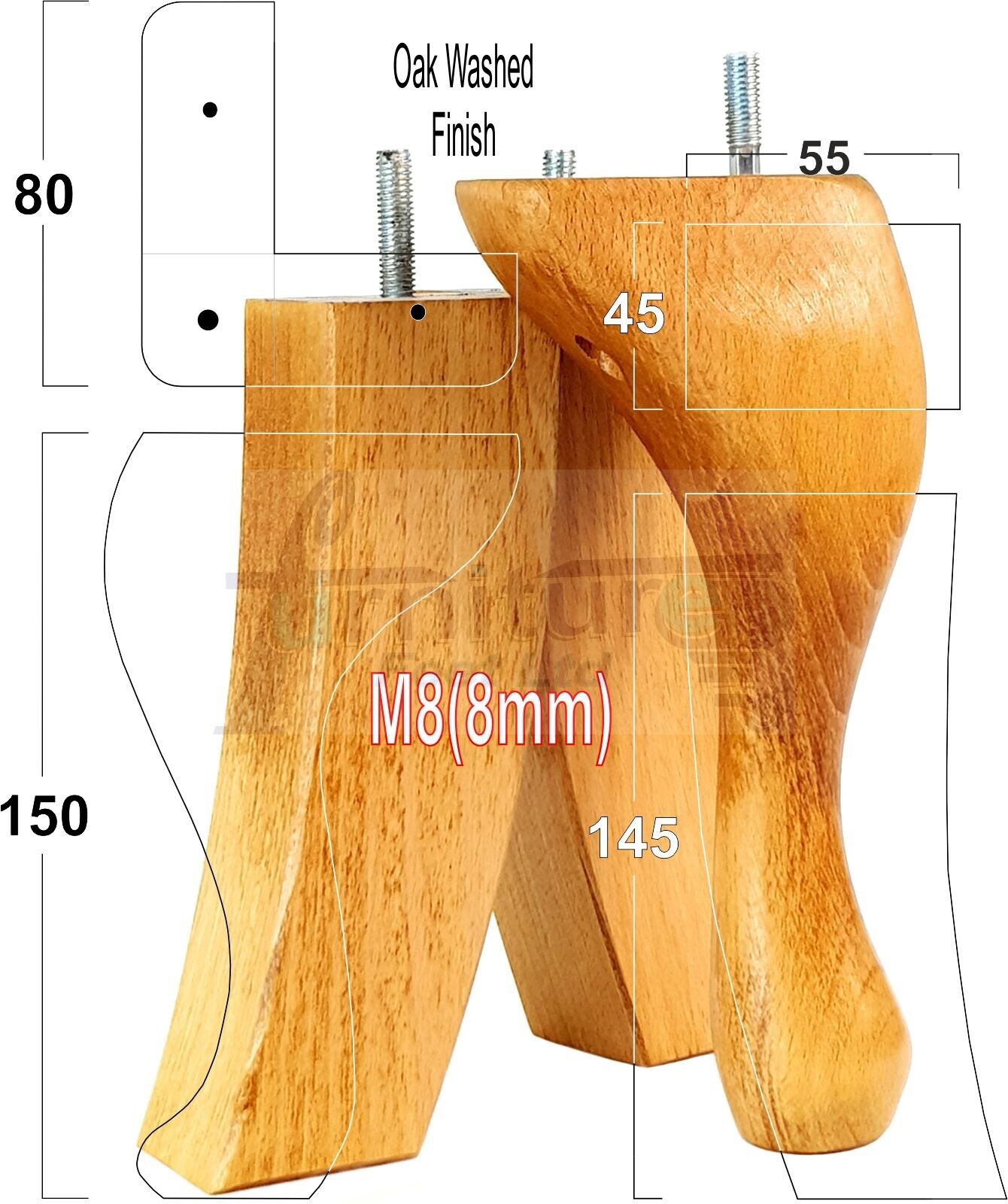 2x Vintage Queen Anne Replacement Furniture Legs & 2x Curved Back Feet 150mm 6 Inch High 8mm Thread