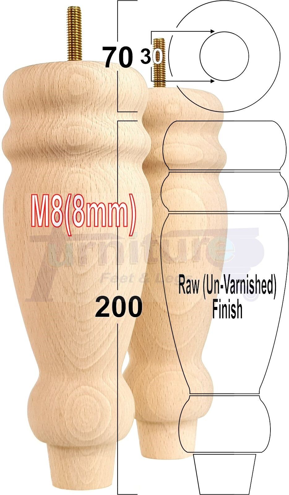 Set Of 4 Turned Furniture Legs Replacement Sofa Feet 200mm High M8 Thread