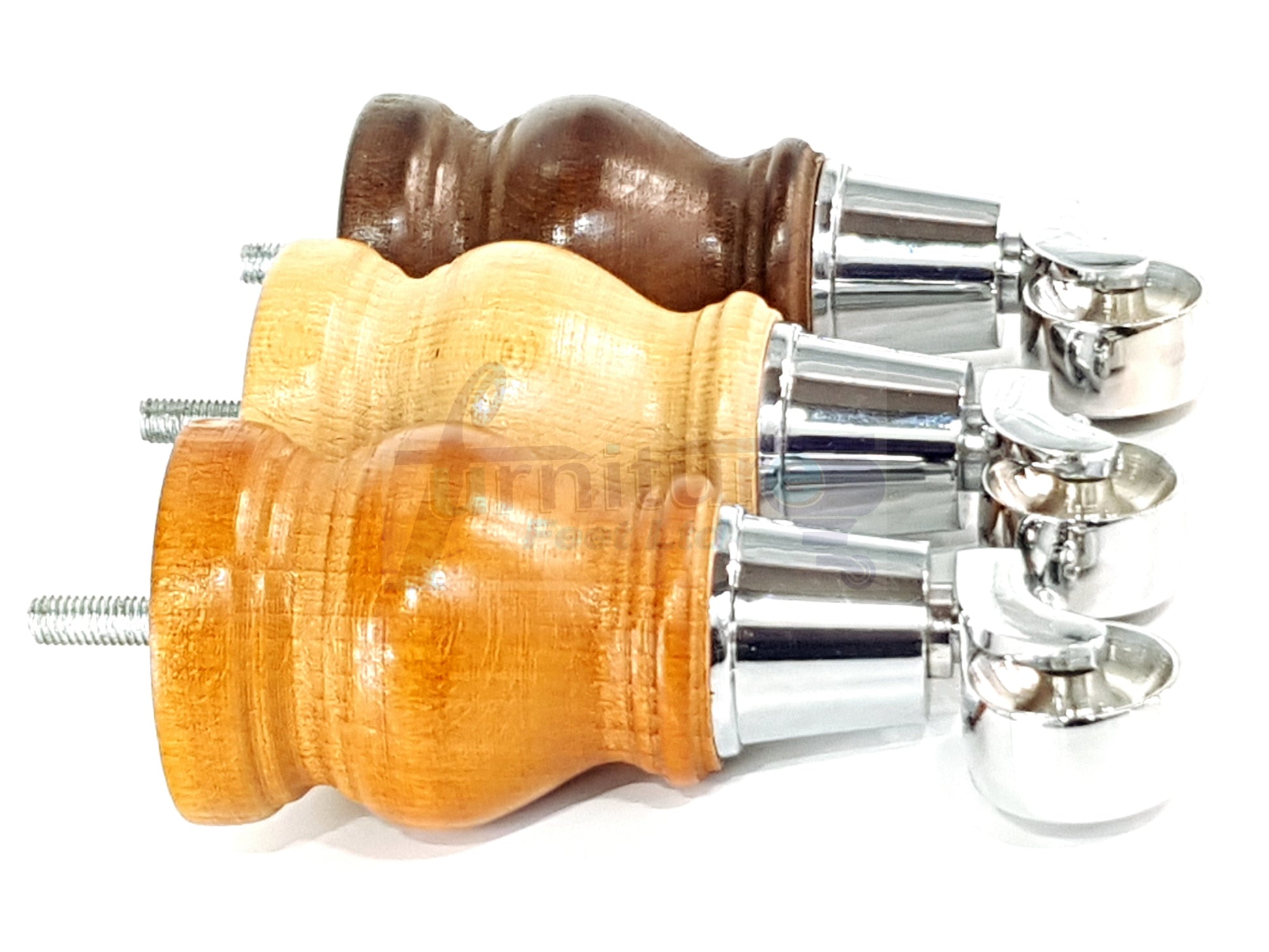 4x Turned Wood Furniture Legs With Chrome Castor 150mm High M8 For Settees Chairs & Cabinets
