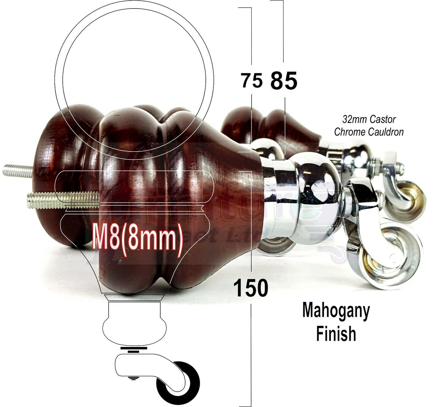 Set Of 2 Turned Furniture Wood Feet With Castors 140mm Sofas Chairs Settee Cabinets Beds M8(8mm)