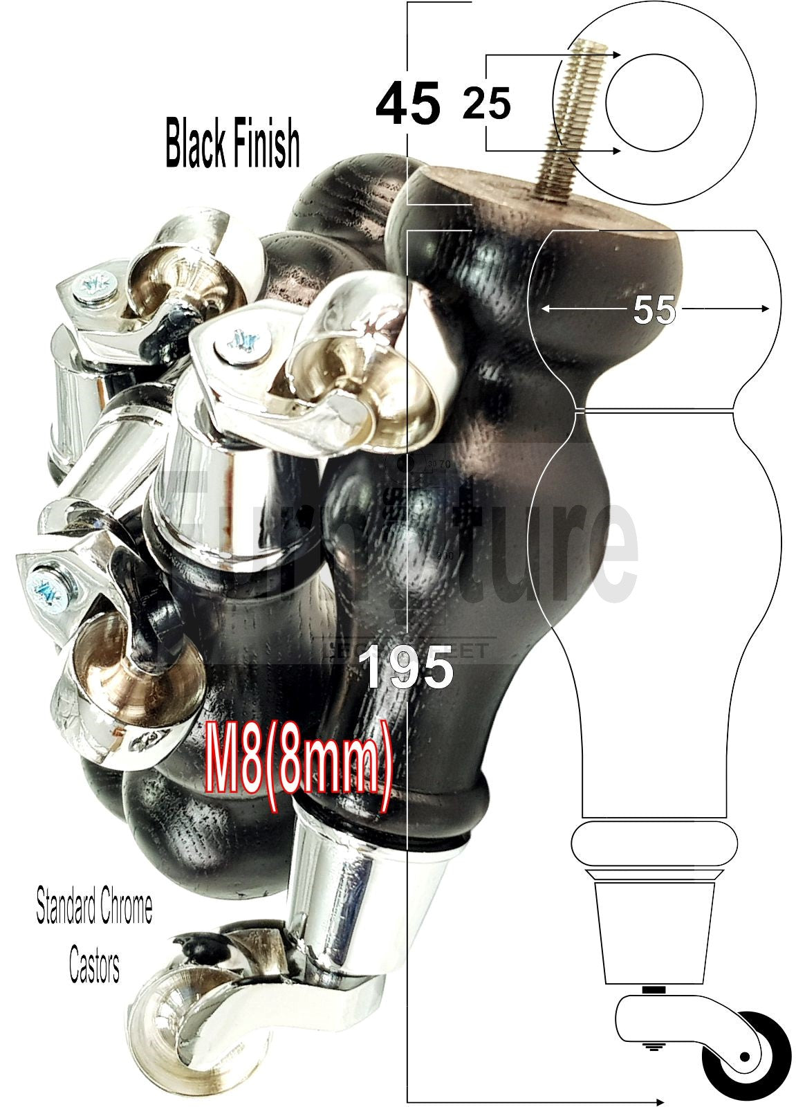 4x Solid Oak Wood Furniture Castor Legs Sofa Settee Chair Replacement Feet 195mm