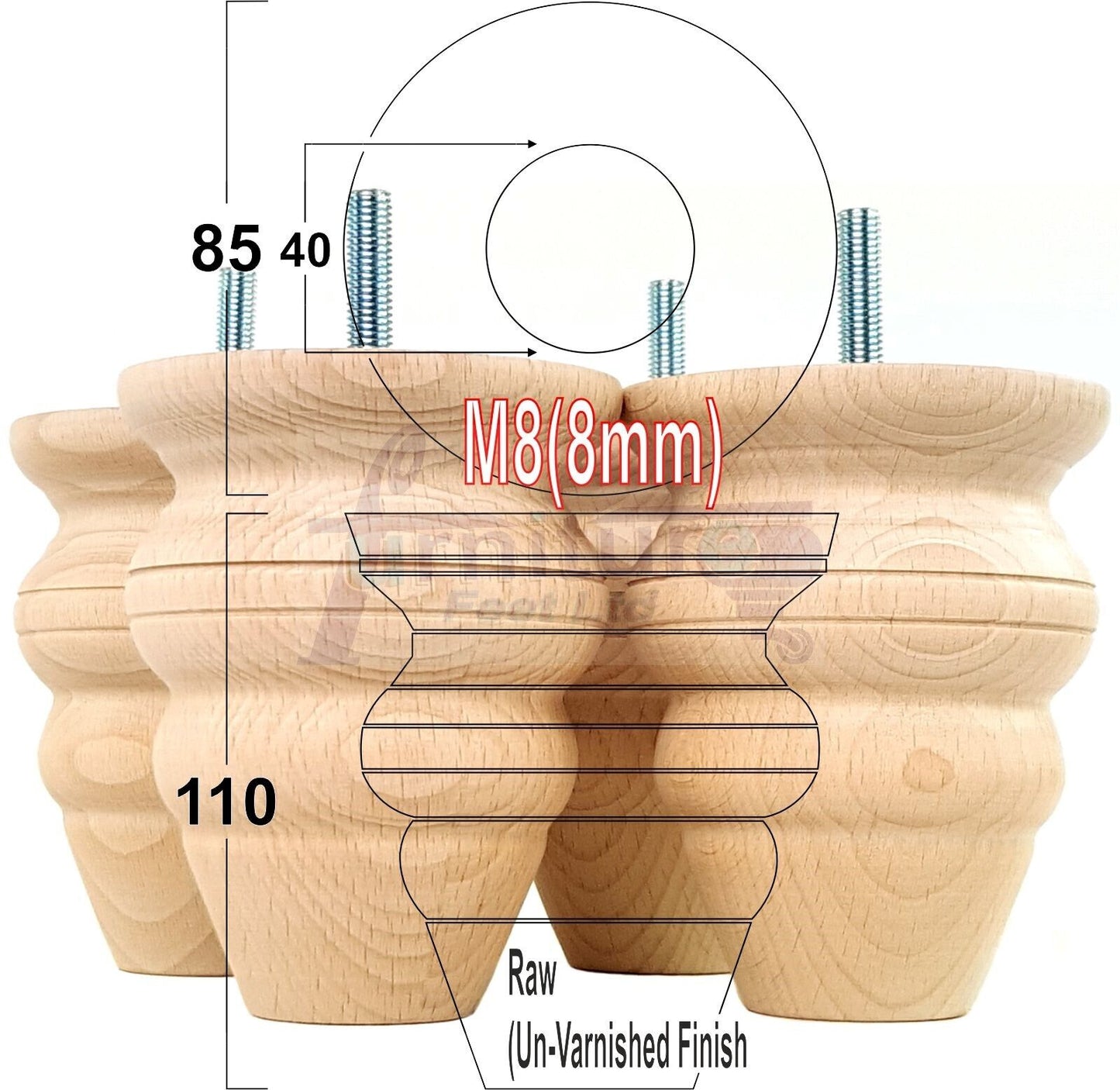 4x Turned Wood Furniture Legs Replacement Feet 110mm High Multiple Colours Chairs Stools Sofa's Beds Settee Cabinets M8