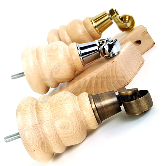 2 Turned Replacement Castor Feet 155mm High & 2 Curved Solid Wood Furniture Legs Natural 6 Inch Legs M8 Bolt