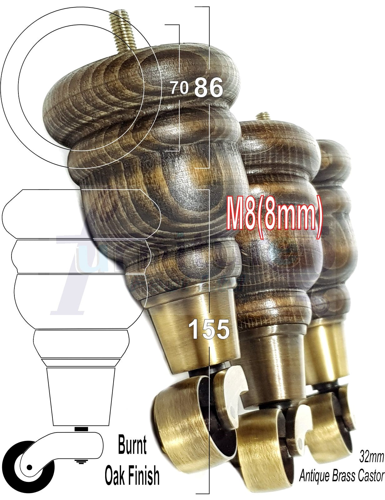 4 Turned Wood Furniture Feet With Antique Brass Castors 155mm Legs Sofas Chairs Stools Cabinets Beds M8 6 Inches