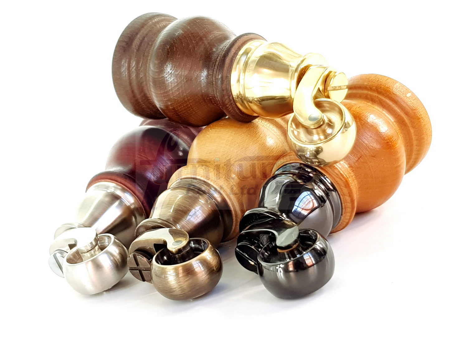 Set Of 4 Turned Wood Furniture Legs With Brass Castor 140mm High M8(8mm) For Chairs Settees & Cabinets