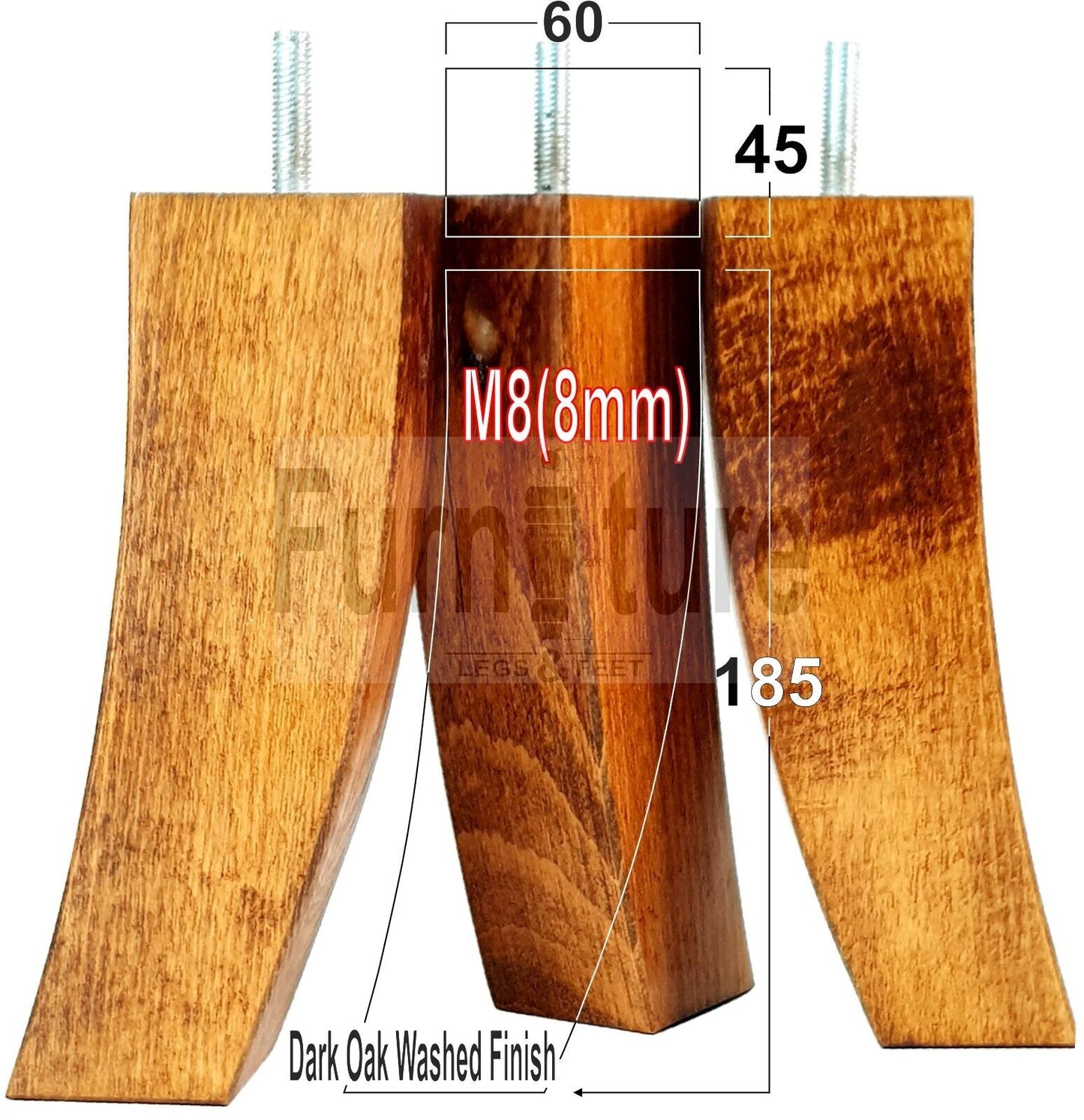 Set Of 4 Solid Wood Curved Furniture Feet Replacement Legs 185mm High M8(8mm)