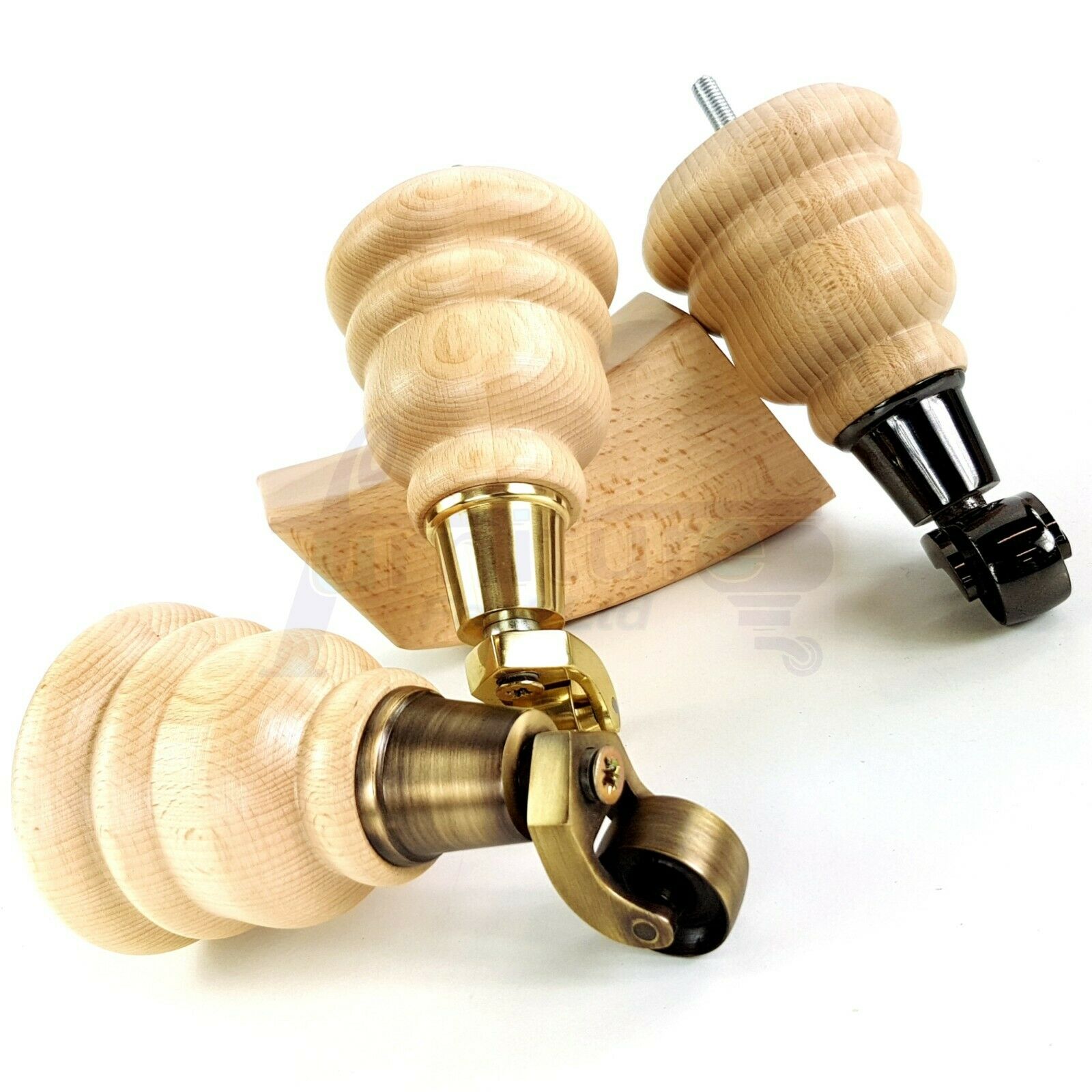 Turned Natural Wood Furniture Feet 2 With Castors 155mm and 2 Curved Back Legs Sofas Chairs Stools Cabinets Beds M8 6 Inches