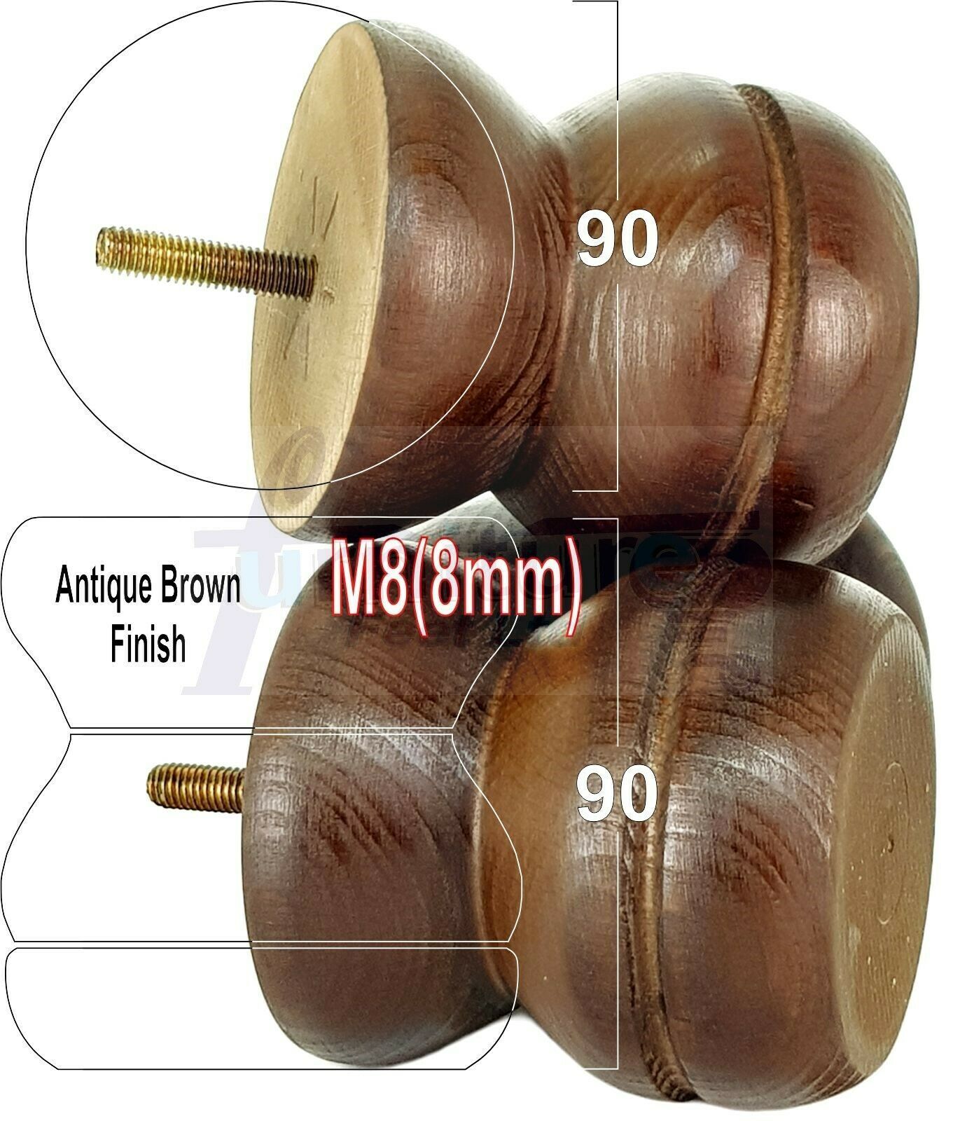 4x Turned Solid Wood Furniture Legs Replacement Bun Feet 90mm High 8mm Thread