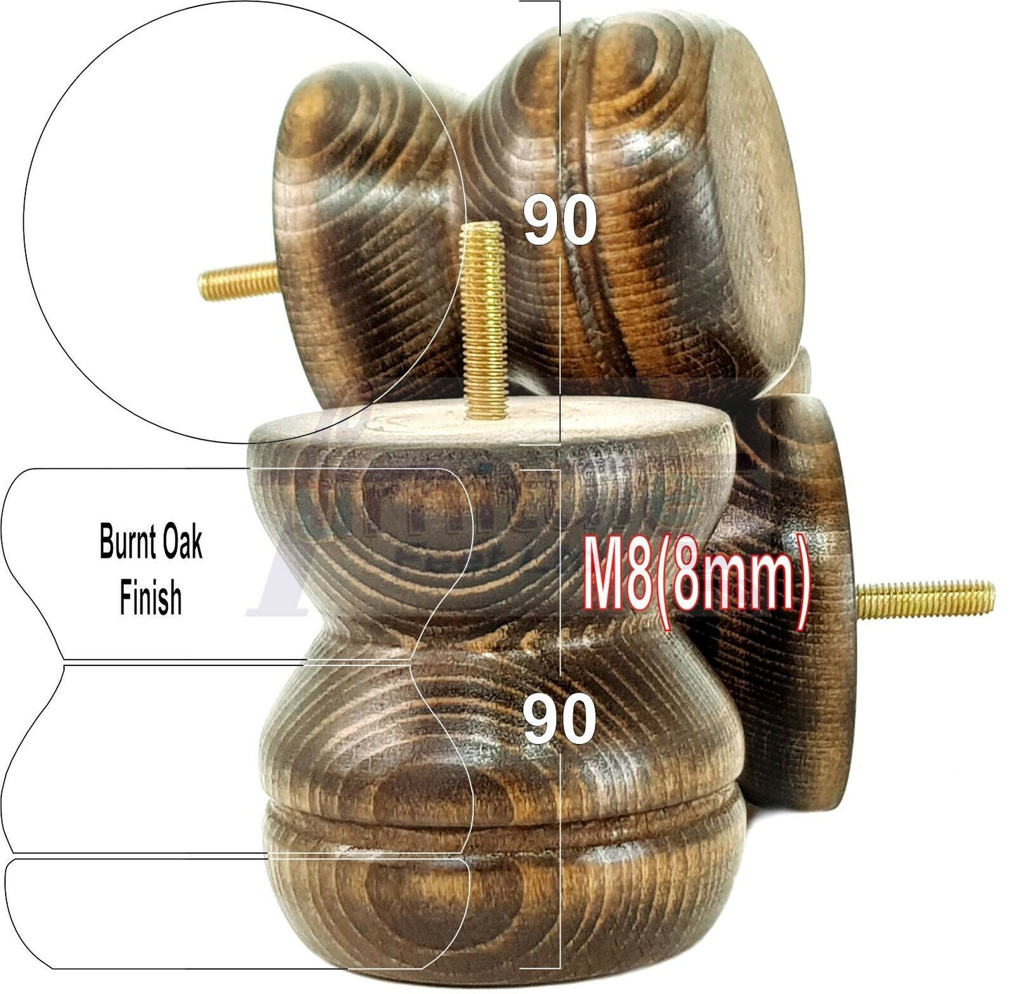 4x Turned Solid Wood Furniture Legs Replacement Bun Feet 90mm High 8mm Thread