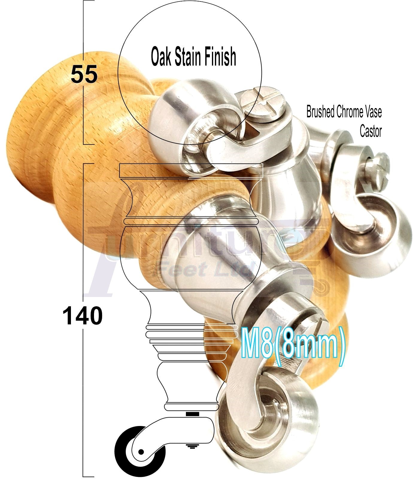 Set Of 4 Turned Wood Furniture Legs With 150mm High Castor 8mm Thread For Chairs Settees & Cabinets Oak Stain Finish
