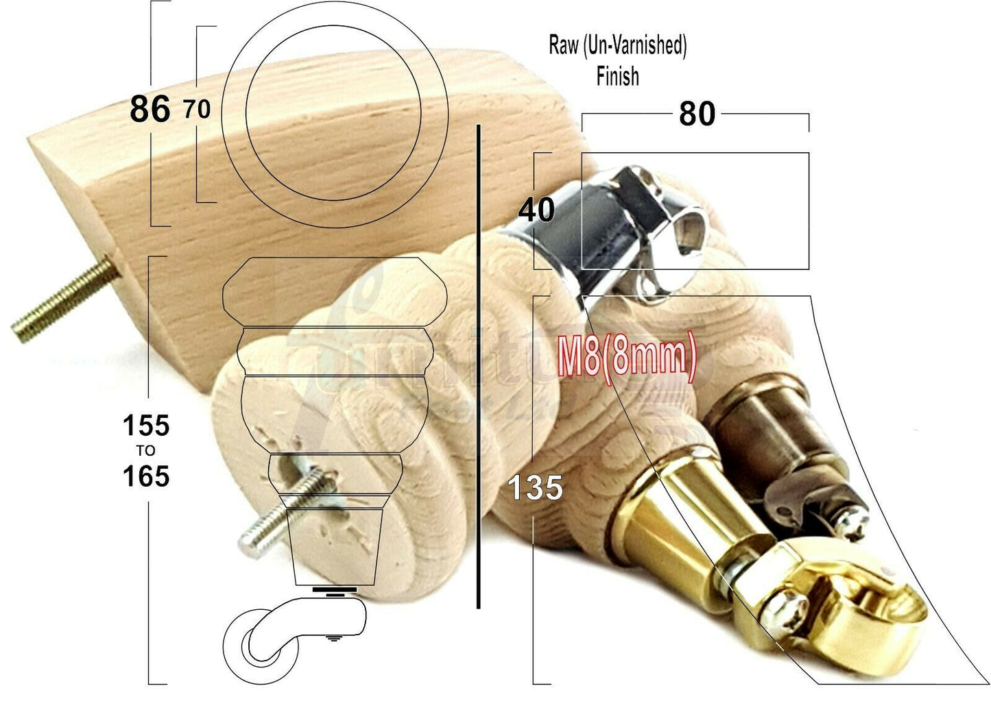 Turned Furniture Feet 2 With Castors 155mm and 2 Curved Back Legs Raw Wood for Sofas Chairs Stools Cabinets Beds M8 6 Inches