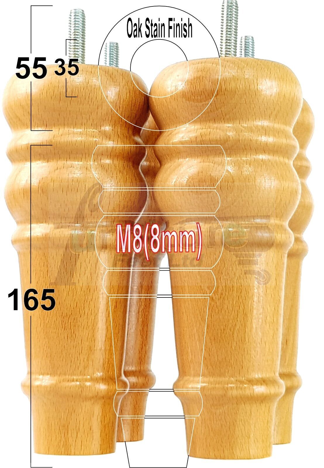 4 Wood Turned Furniture Legs Replacement Bun Feet 165mm High Multiple Colours 6.5 Inches Chairs Stools Sofa's Beds Settee Cabinets M8
