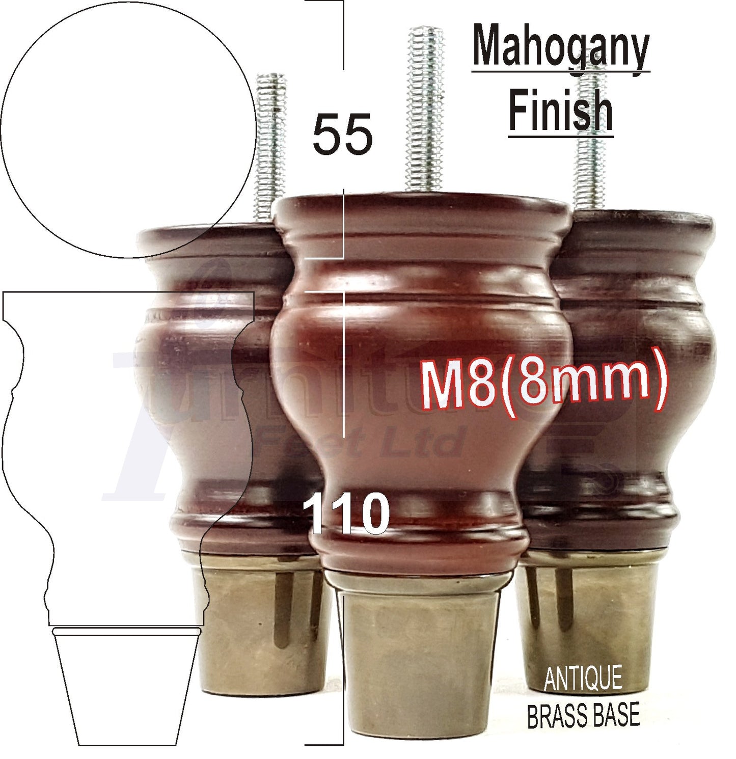 4x Turned Wood Furniture Feet M8(8mm) With Slipper Cup Chair Sofa Settee Legs 110mm