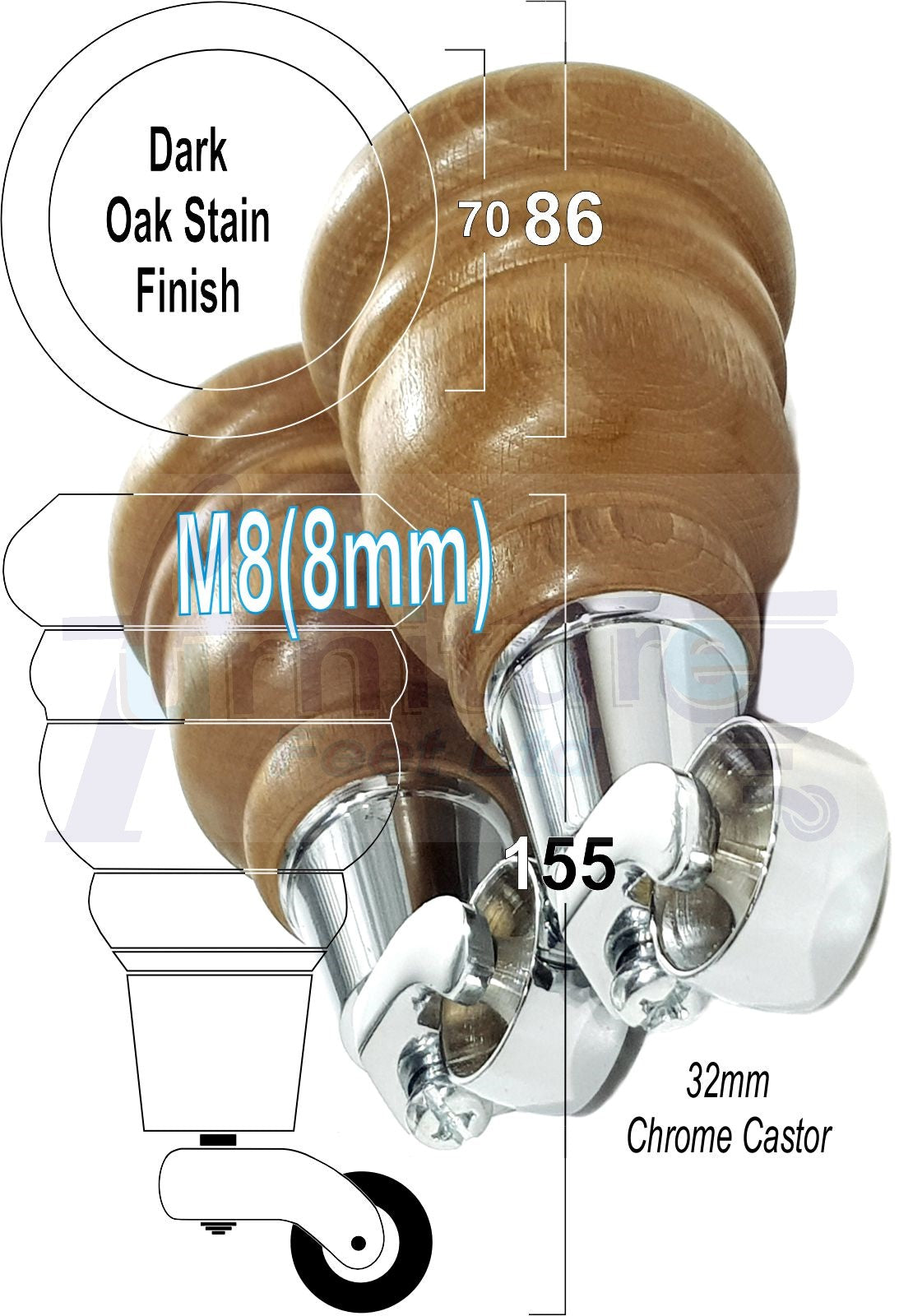 4 Turned Wood Furniture Feet With Chrome Castors 155mm Legs Sofas Chairs Stools Cabinets Beds M8 6 Inches