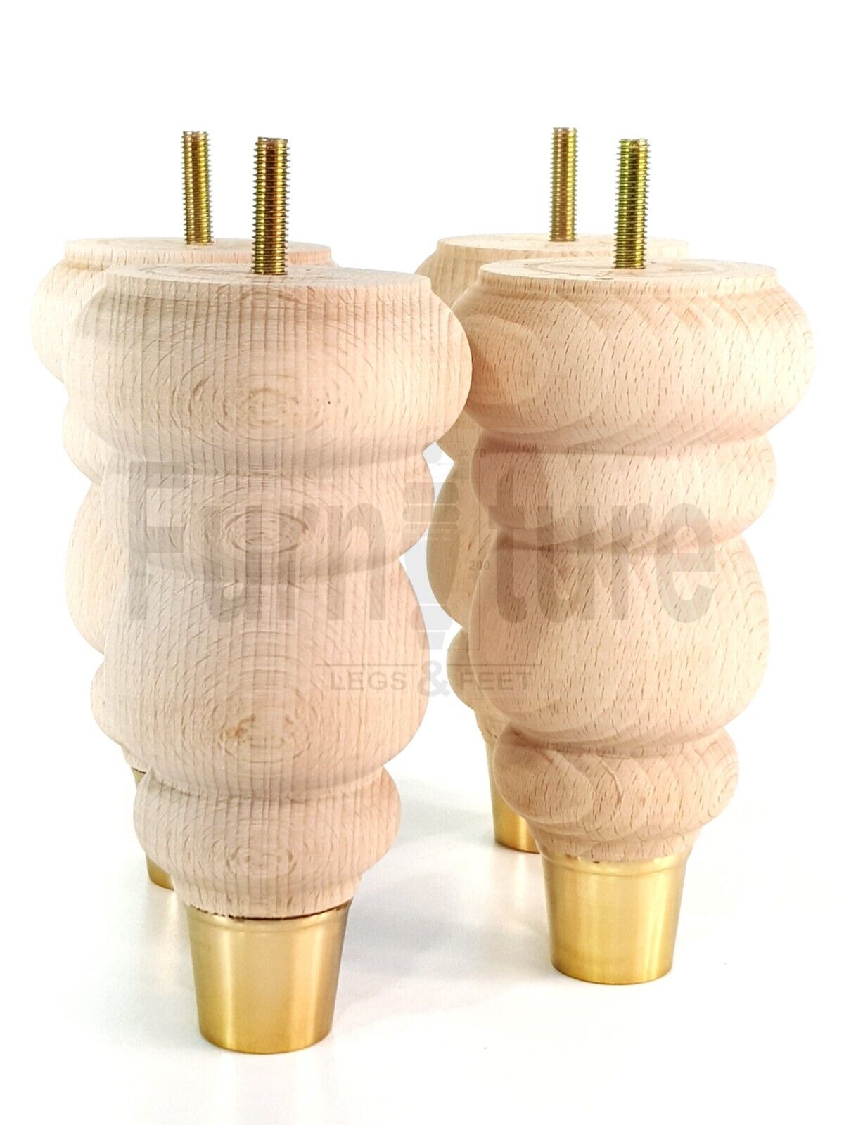 4x Turned M8 Wood Furniture Chair Sofa, Settee Legs Feet Brass Slipper Cup 160mm