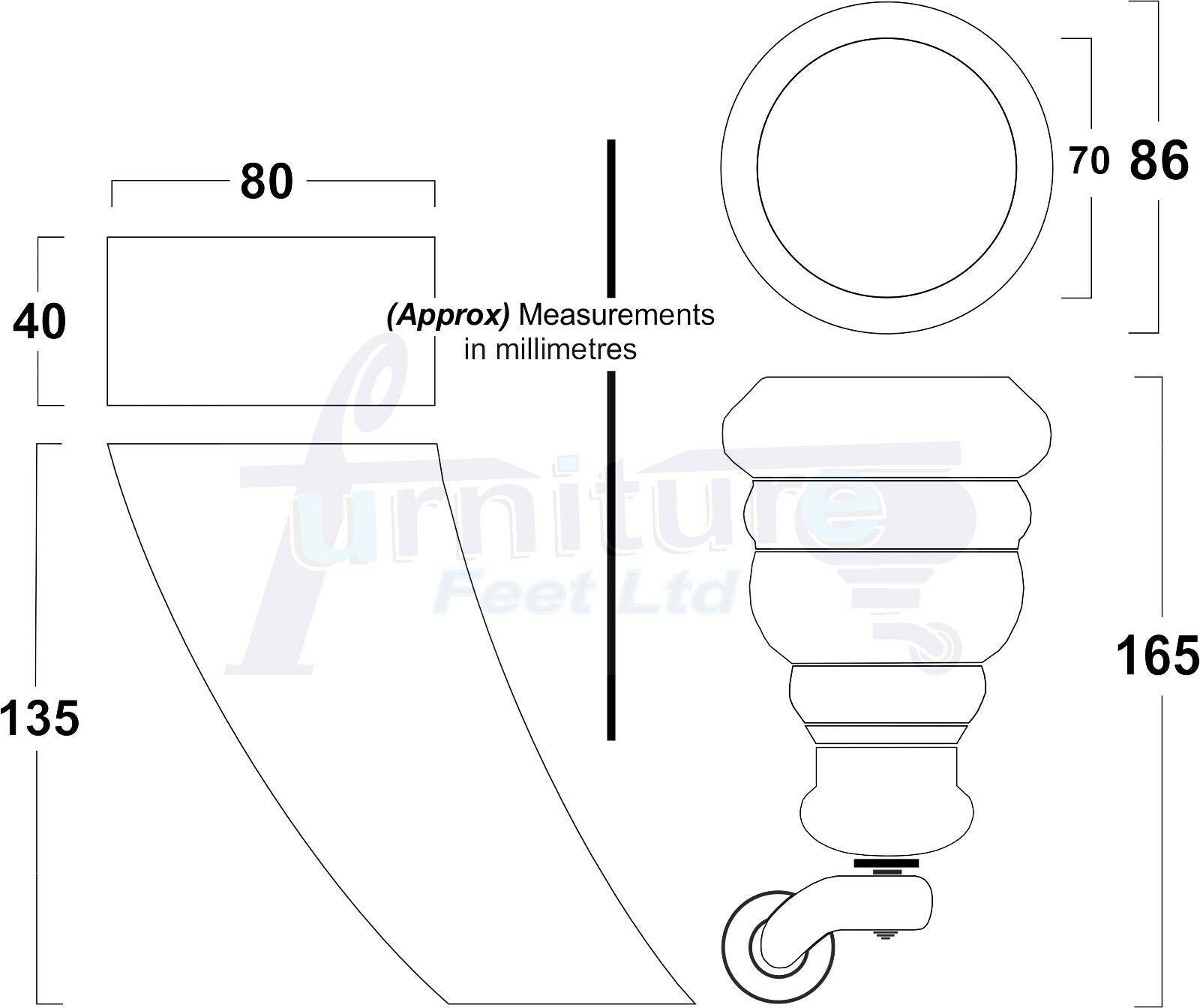 Golden Oak Turned Wood Furniture Feet 2 With Castors 155mm and 2 Curved Back Legs Sofas Chairs Stools Cabinets Beds M8 6 Inches