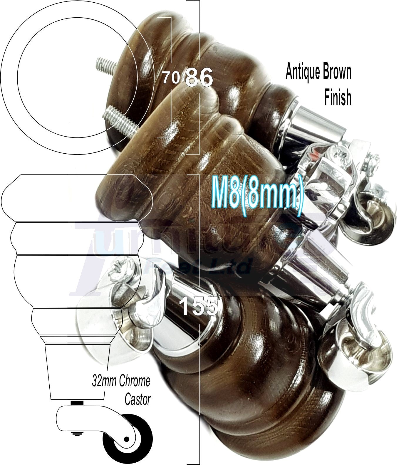 4 Turned Wood Furniture Feet With Chrome Castors 155mm Legs Sofas Chairs Stools Cabinets Beds M8 6 Inches