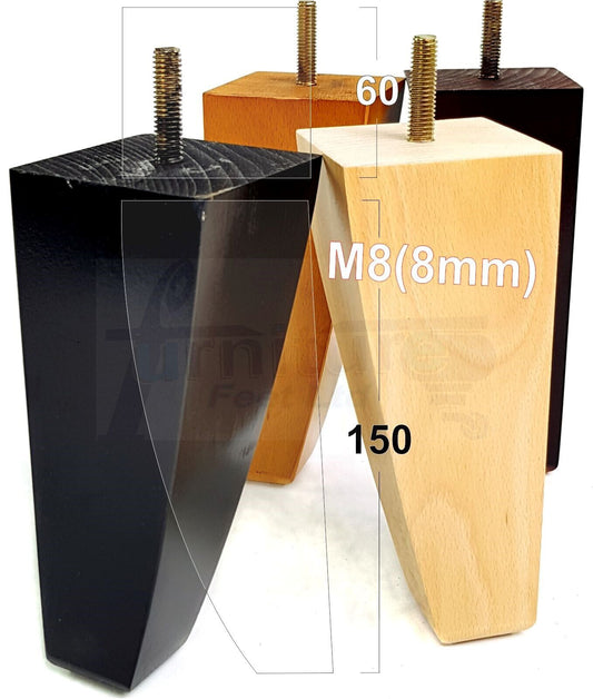 4x Tapered Square Furniture Legs Sofa Feet M8 for Chairs, Settees 150mm High