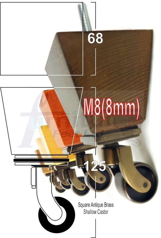 Set Of 4 Wooden Turned Replacement Furniture Legs 125mm High With Brass Castor Wheels 8mm Thread