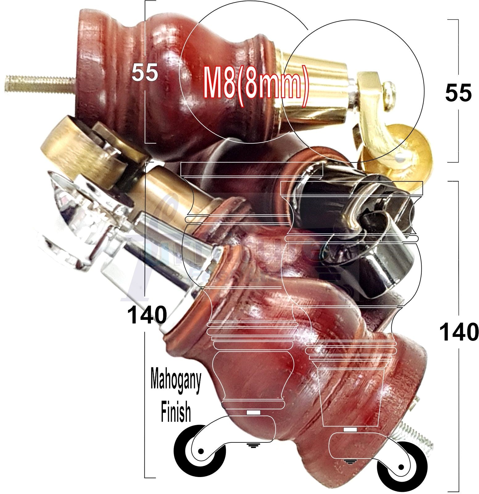 Set Of 4 Turned Wood Furniture Legs With140mm High Castor 8mm Thread For Chairs Settees & Cabinets