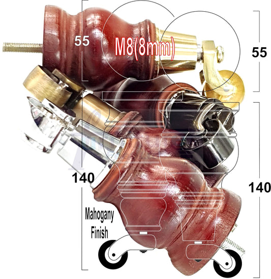 Set Of 4 Turned Wood Furniture Legs With140mm High Castor 8mm Thread For Chairs Settees & Cabinets
