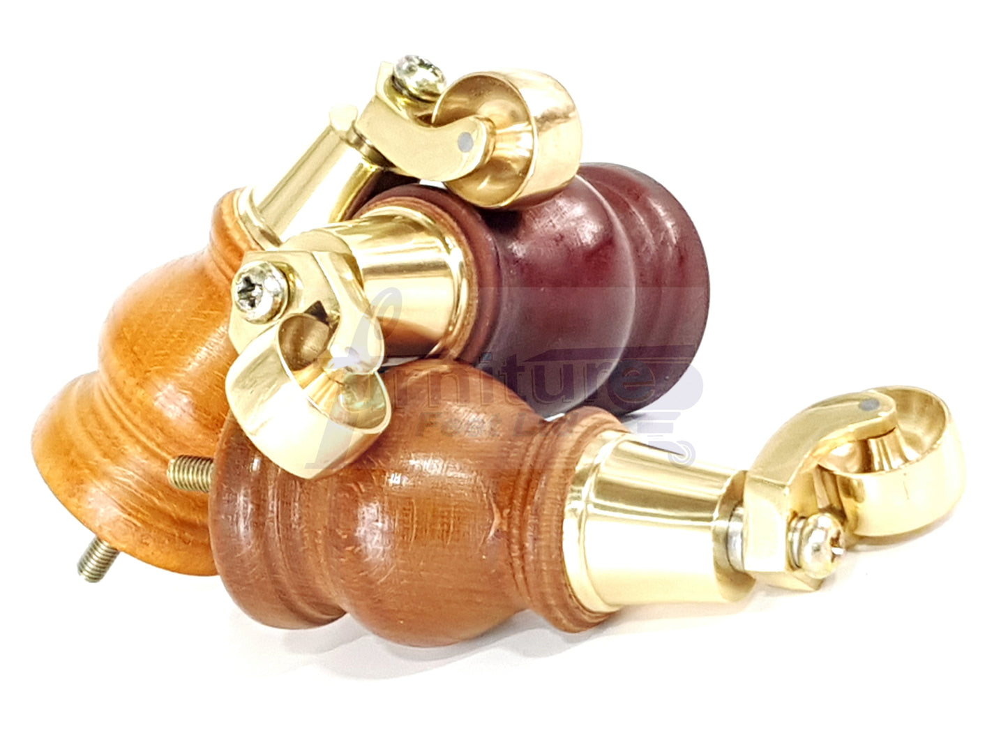 4x Turned Wood Furniture Feet With Brass Castors M8 Chair Sofa Settee Legs 140mm