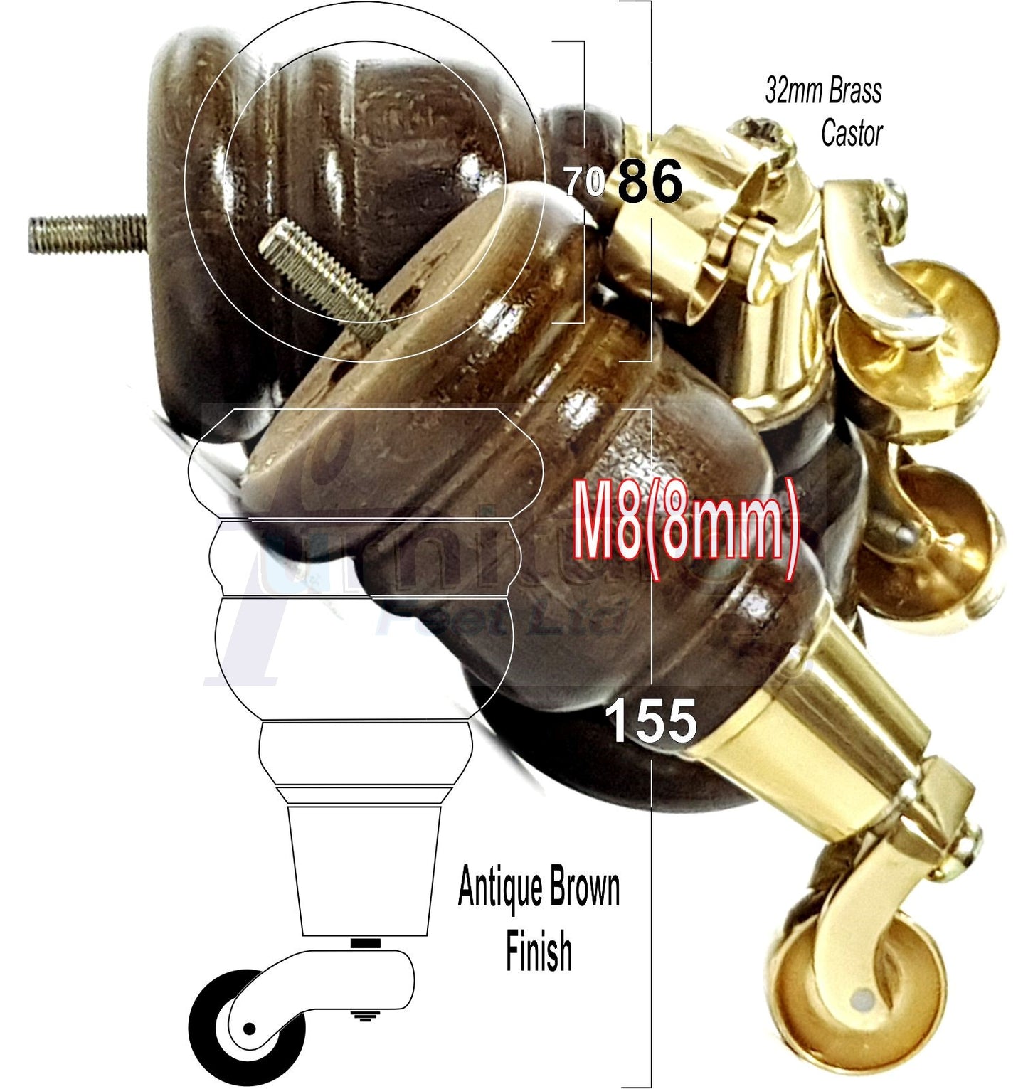 4 Turned Wood Furniture Feet With Brass Castors 155mm Legs Sofas Chairs Stools Cabinets Beds M8 6 Inches